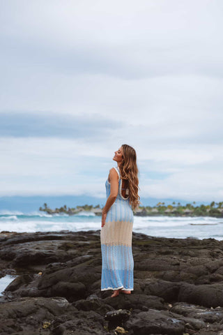 Caribbean Blue Scoop Back Knit Maxi Dress-Carolina