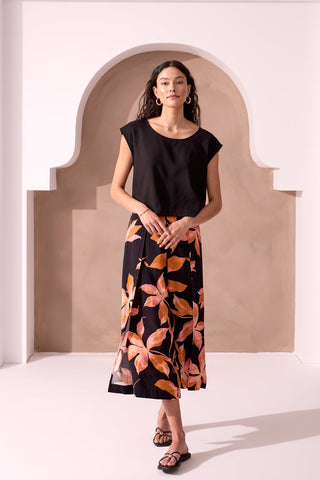 Boat Neck Cap Sleeve Soft Linen Top-Black