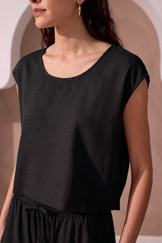 Boat Neck Cap Sleeve Soft Linen Top-Black