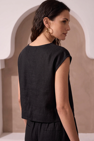 Boat Neck Cap Sleeve Soft Linen Top-Black