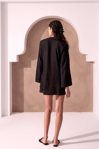 Linen Flare Sleeve Lace-Up V-Neck Mini Dress-Black