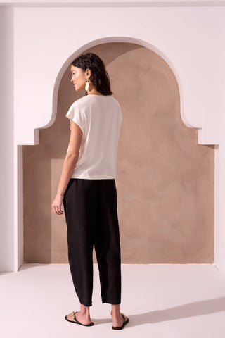 Embroidered Drop Soulder Crew Neck Slub Knit Top-Eggshell
