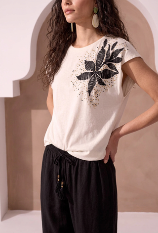 Embroidered Drop Soulder Crew Neck Slub Knit Top-Eggshell
