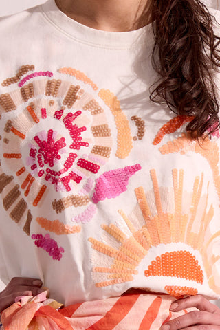 Sequin Appliqué Dolman Sleeve Crew Neck Tee-Eggshell