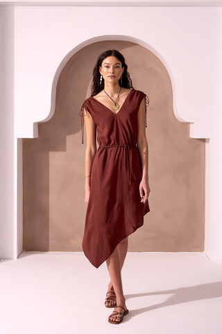Asymmetrical V-Neck Belted Linen Mini Dress-Terra