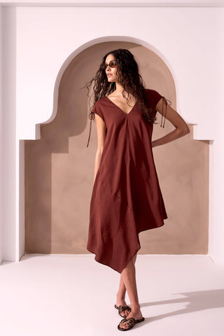Asymmetrical V-Neck Belted Linen Mini Dress-Terra