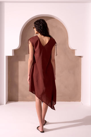 Asymmetrical V-Neck Belted Linen Mini Dress-Terra