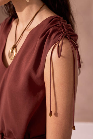 Asymmetrical V-Neck Belted Linen Mini Dress-Terra