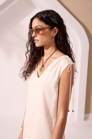 Asymmetrical V-Neck Belted Linen Mini Dress-Eggshell