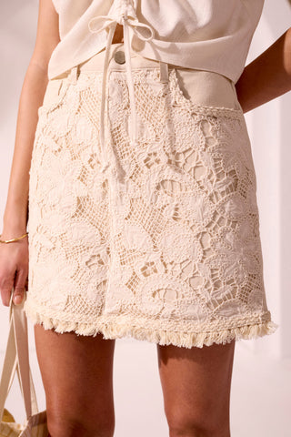 BROOKE Crochet Overlay Denim Mini Skirt with Fringe-Ecru