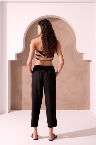 Soft Linen Relaxed Tapered Cropped Pants-Black