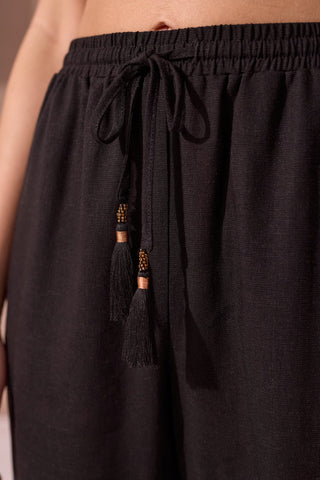 Soft Linen Relaxed Tapered Cropped Pants-Black