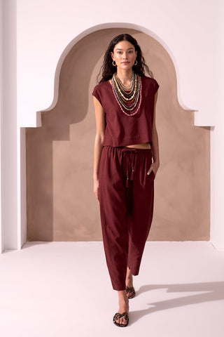 Soft Linen Relaxed Tapered Cropped Pants-Terra