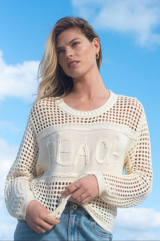 Open Crochet Long Sleeve Crew Neck Sweater With Embroidery-Buttercream