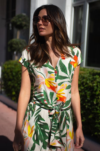 Koloa Printed Tie-Hem Button-Front Blouse-Koloa
