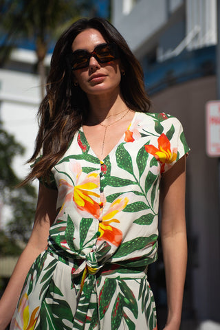 Koloa Printed Tie-Hem Button-Front Blouse-Koloa