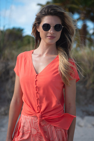 Solid Tie-Hem Button-Front Blouse-Bright mango