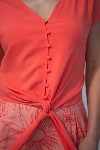Solid Tie-Hem Button-Front Blouse-Bright mango